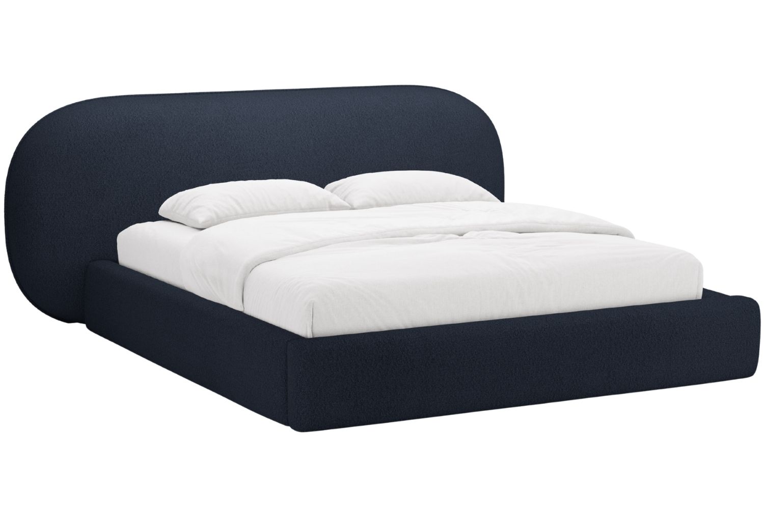 Micadoni Tmavě modrá bouclé dvoulůžková postel Ovalo 180 x 200 cm s úložným prostorem