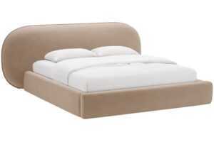 Micadoni Tmavě béžová sametová dvoulůžková postel Ovalo 160 x 200 cm s úložným prostorem
